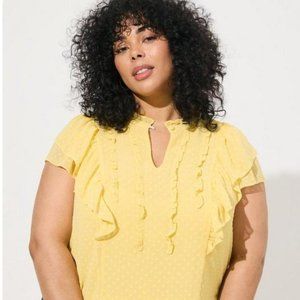 Torrid Chiffon Clip Dot Keyhole Ruffle Detail Flutter Short Sleeve Top Yellow 2x